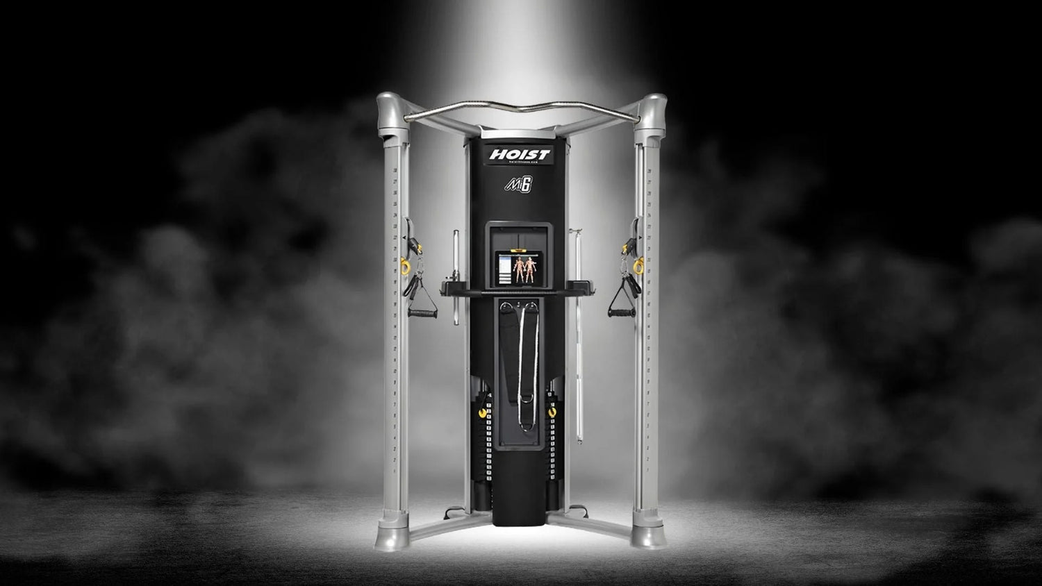 Gym machine with 'HOIST' branding on a dark background