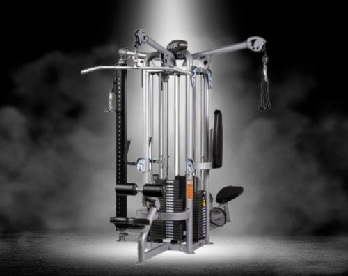 Gym machine with weights on a dark background