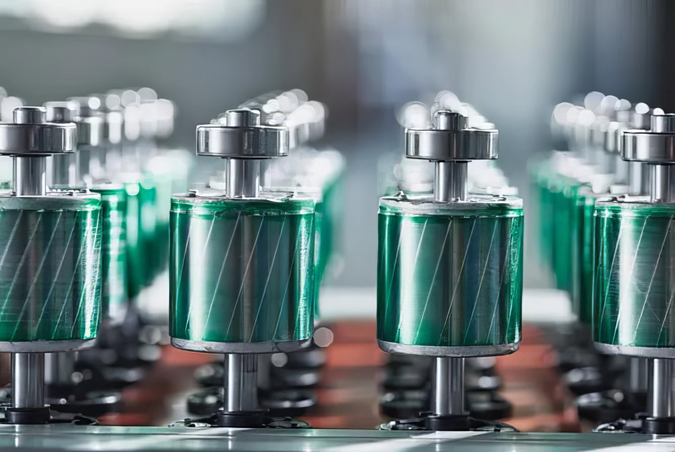 Close-up of green and silver mechanical components on a blurred background