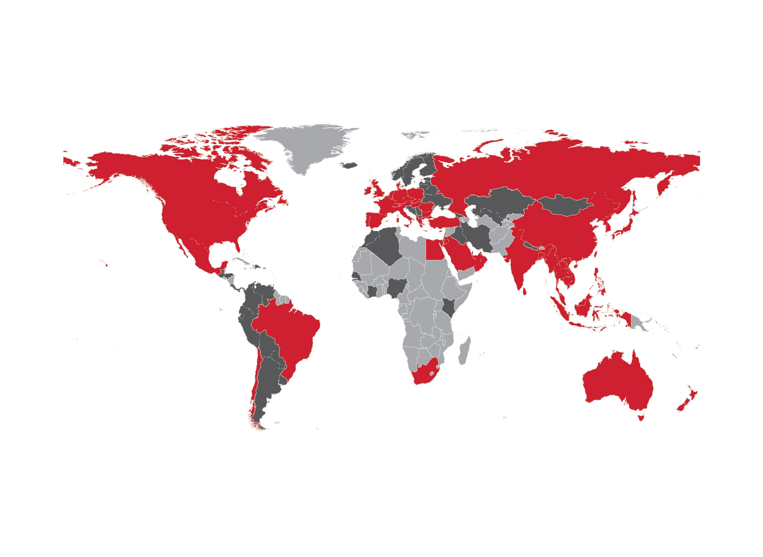 World map with countries colored in red and gray on a white background