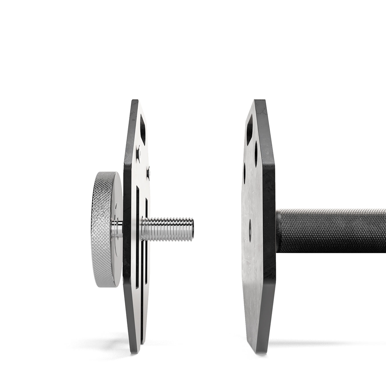 Close-up of a chrome dumbbell on a white background