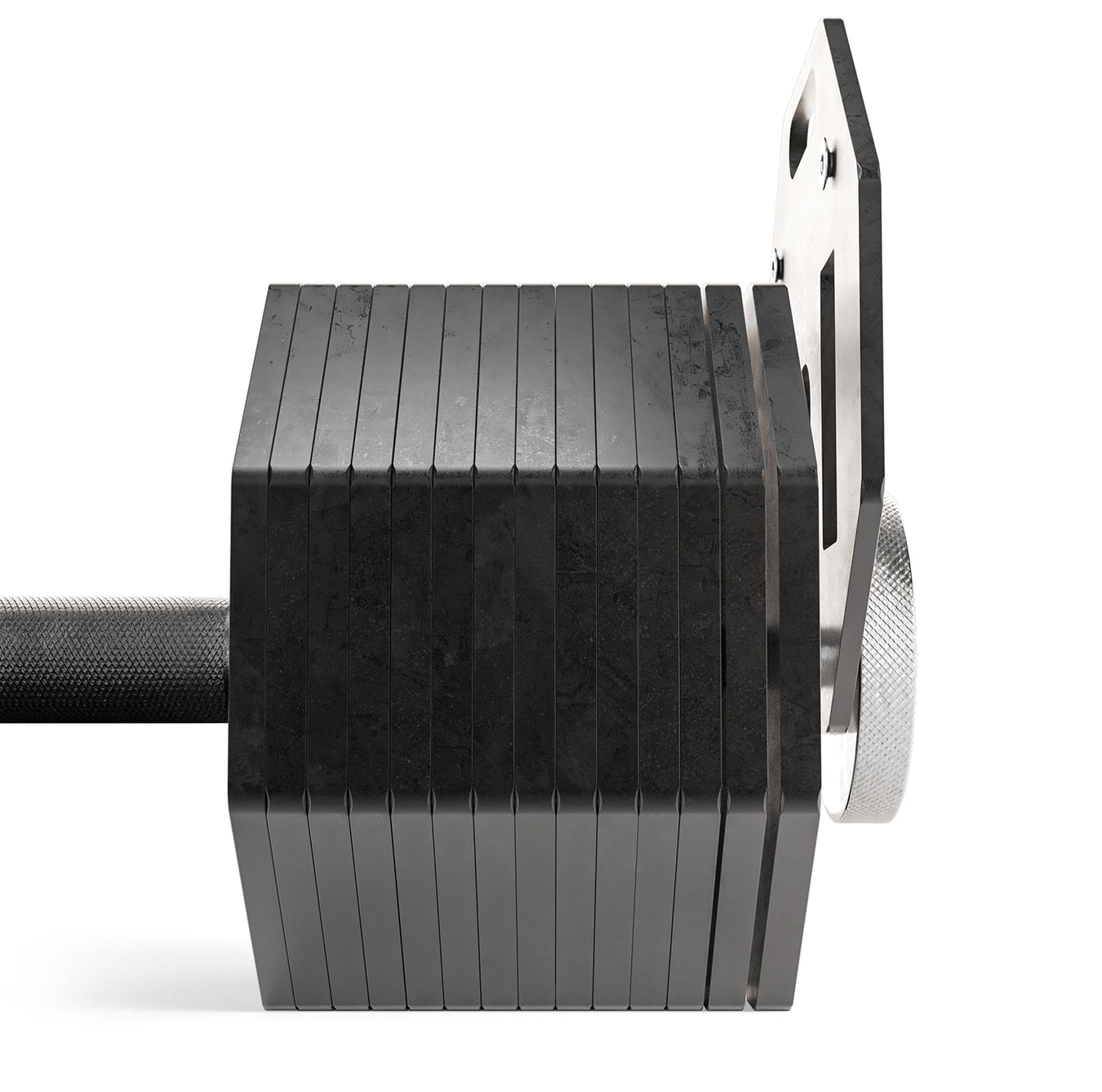 Close-up of a black metal dumbbell with a white background