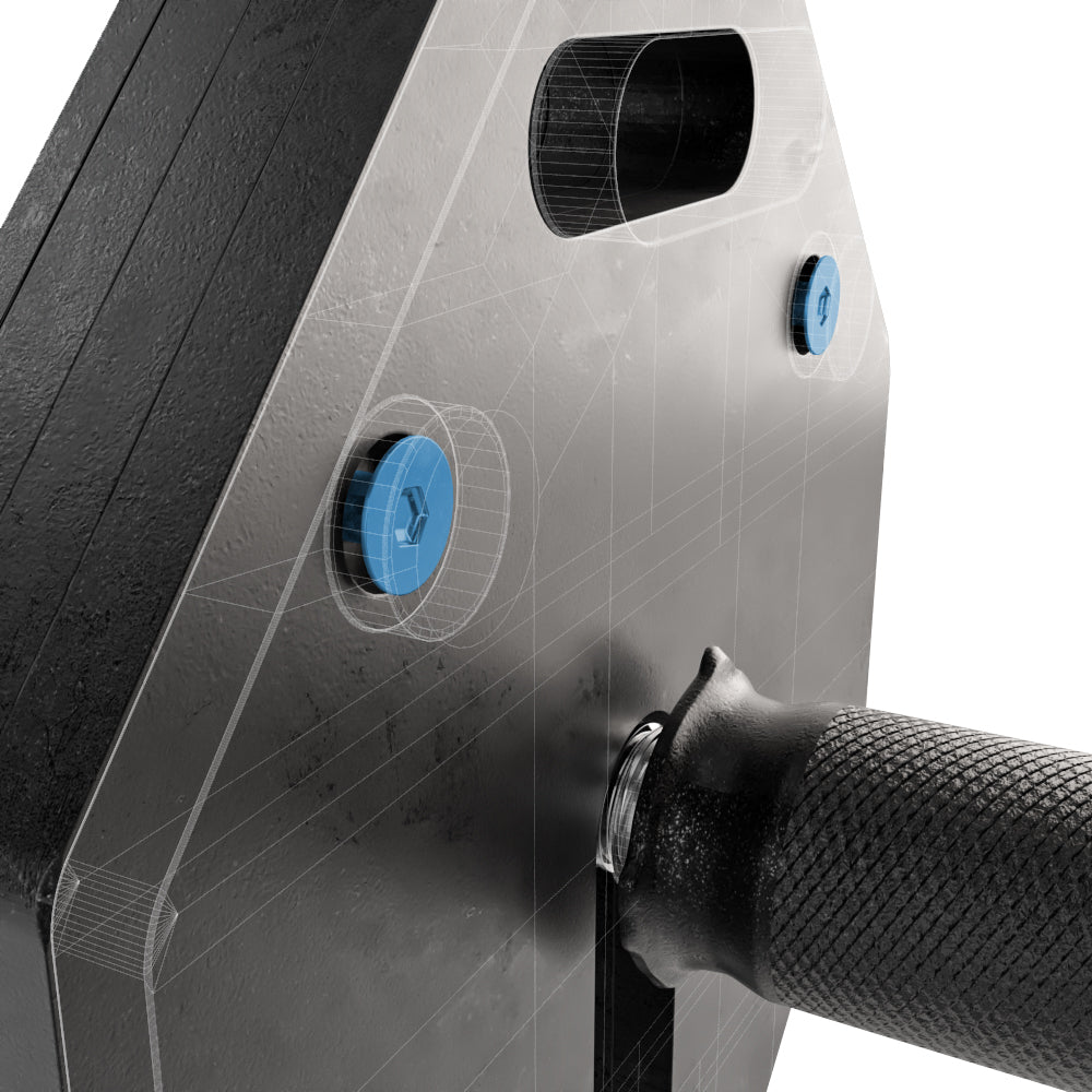 Close-up of a tool with blue knobs and a textured handle on a white background