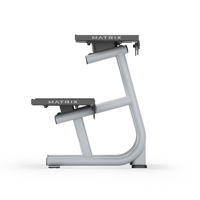 Matrix Fitness Magnum 2-Tier Flat-Tray Dumbbell Rack Short side view | Fitness Experience