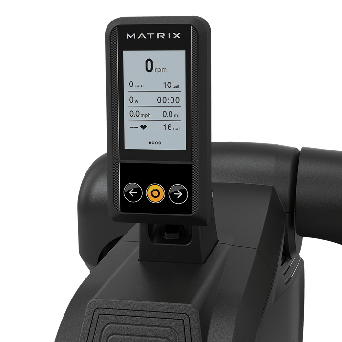 Matrix exercise bike console with digital display on a green background