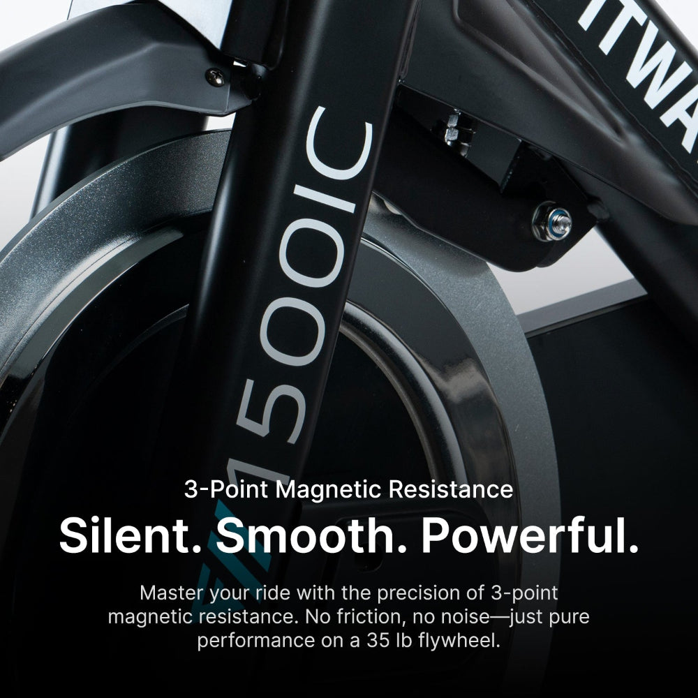 Close-up of a stationary bike with '1500IC' branding and text about magnetic resistance.