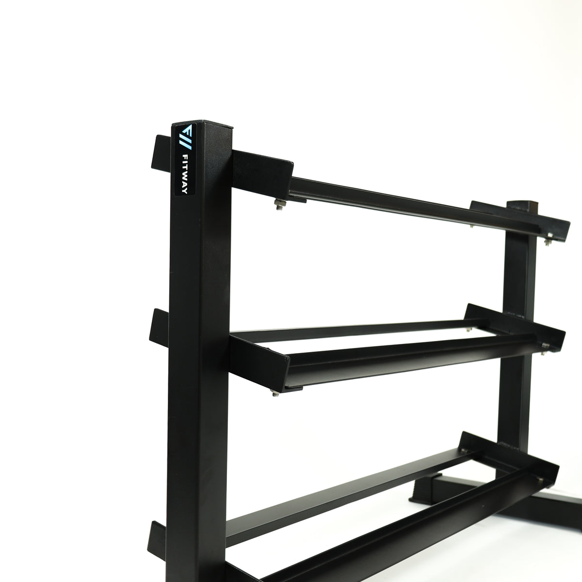 Close up of Fitway 3 tier dumbbell rack that holds 5-50 lb dumbbell set