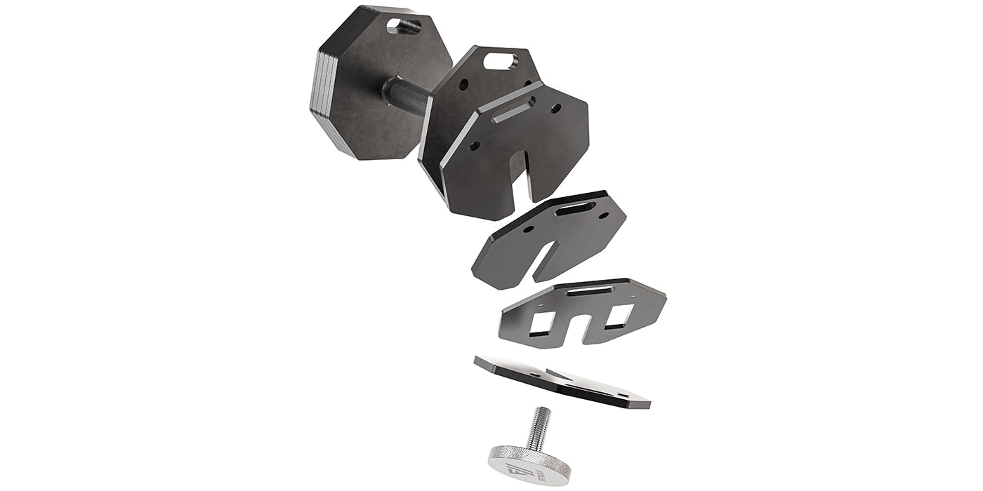  Quick adjustment via screw in pin and slot in plate