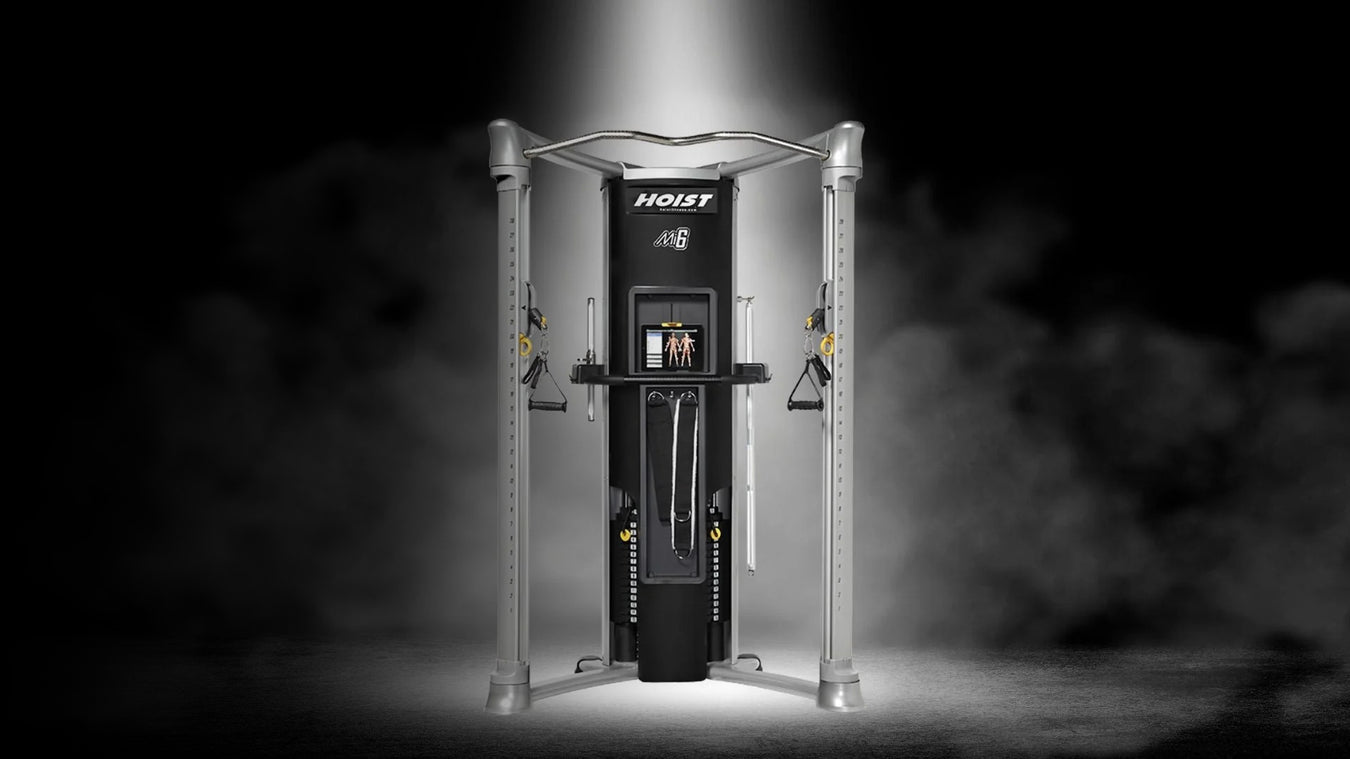 Gym machine with 'Hoist' branding on a dark background