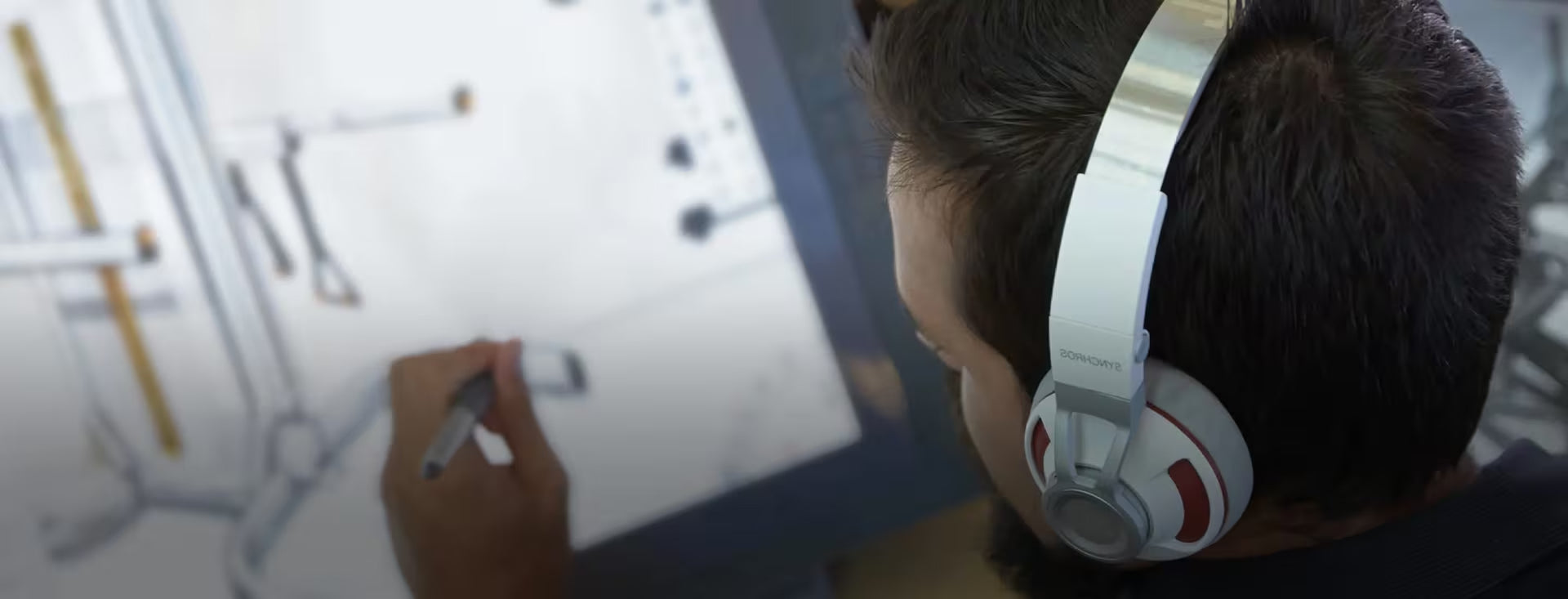 Person wearing headphones interacting with a digital drawing tablet