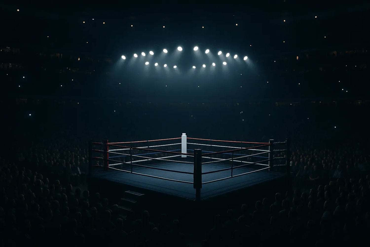 Boxing ring with bright lights in a dark arena