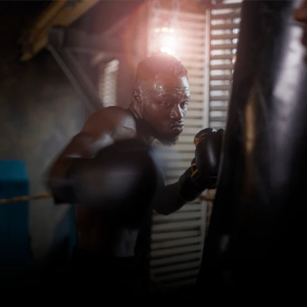 Boxer training in a gym with punching bag