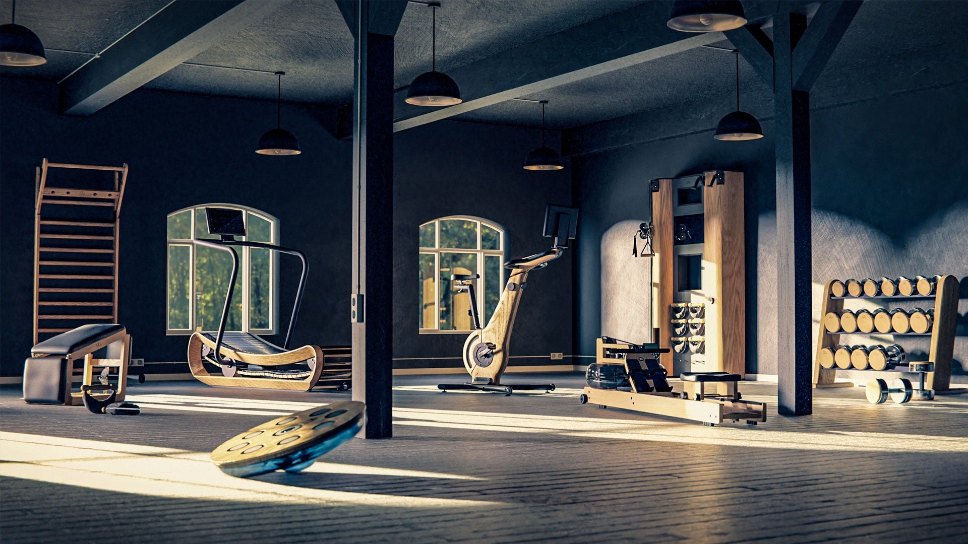 Gym interior with various exercise equipment under natural light