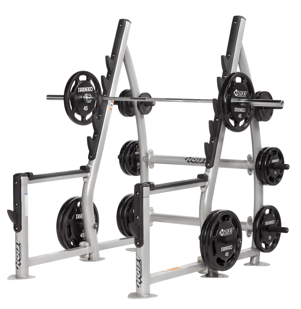 Hoist Fitness CF-3367-A Squat Rack view with weight plates | Fitness Experience