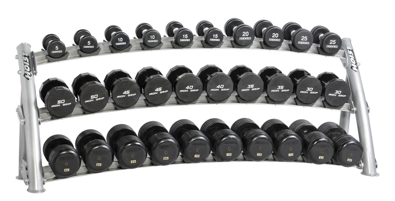 HOIST 3-TIER HORIZONTAL DUMBBELL RACK VIEW WITH DUMBBELLS | FITNESS EXPERIENCE