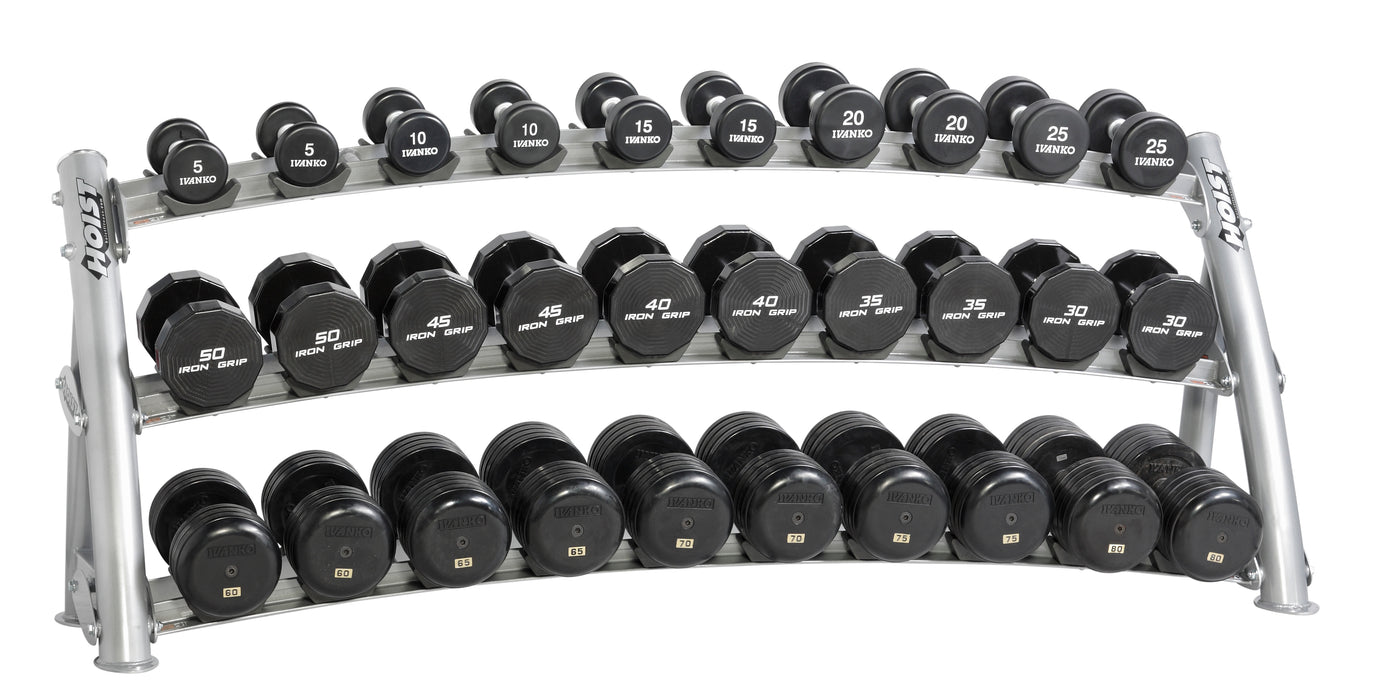 HOIST 3-TIER HORIZONTAL DUMBBELL RACK VIEW WITH DUMBBELLS | FITNESS EXPERIENCE