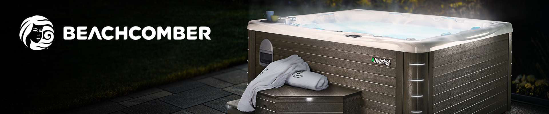 Hot tub with towel draped over it, featuring Beachcomber branding.