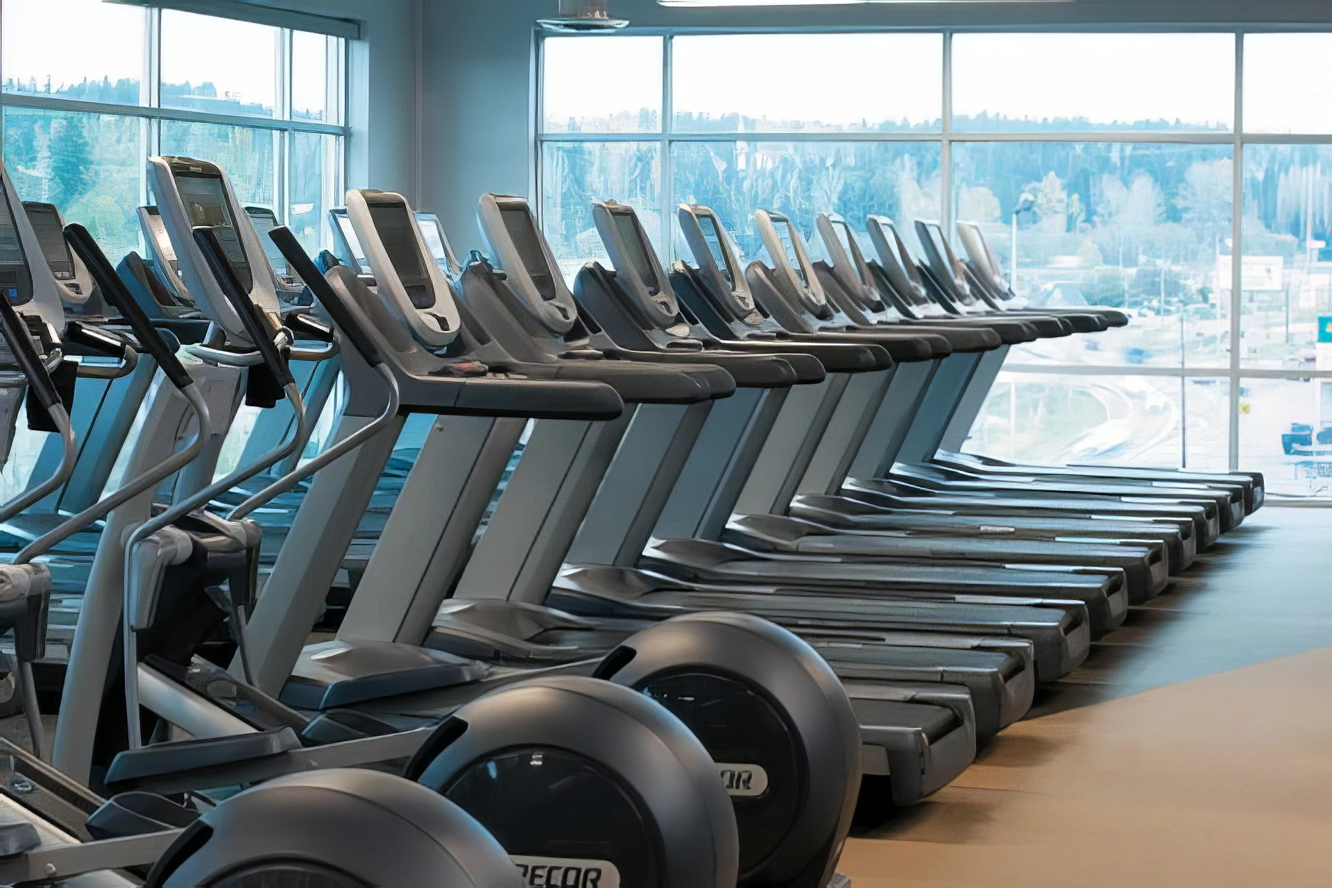 Row of treadmills in a gym with large windows showing a cityscape.