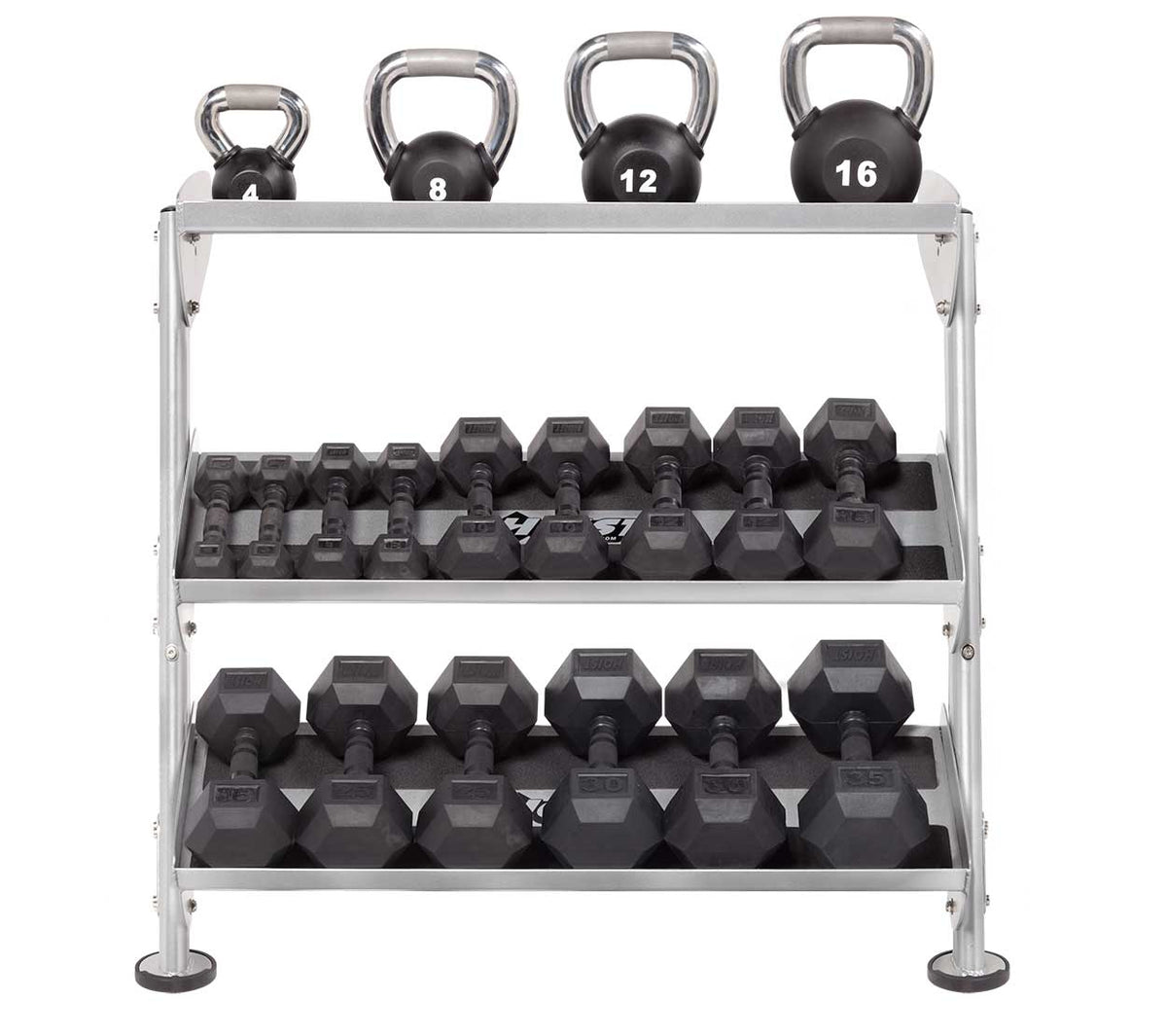 Hoist 36&quot; Dumbbell Rack with Opt (3rd Tier) with weights displayed | Fitness Experience 