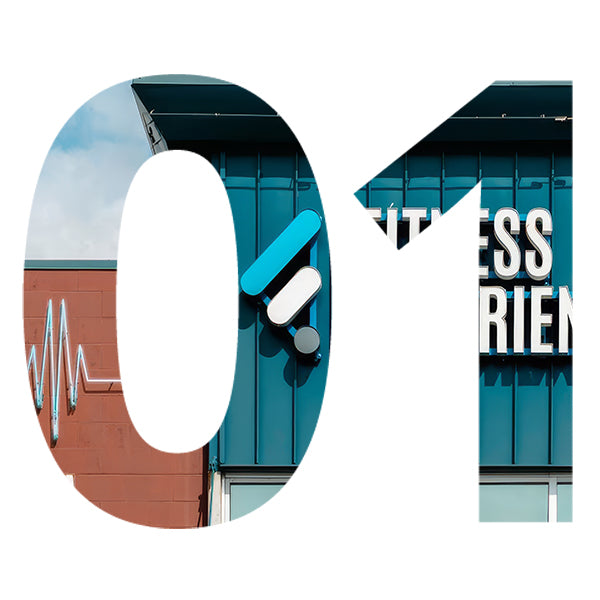 Digital collage of numbers '01' with abstract shapes and text on a white background