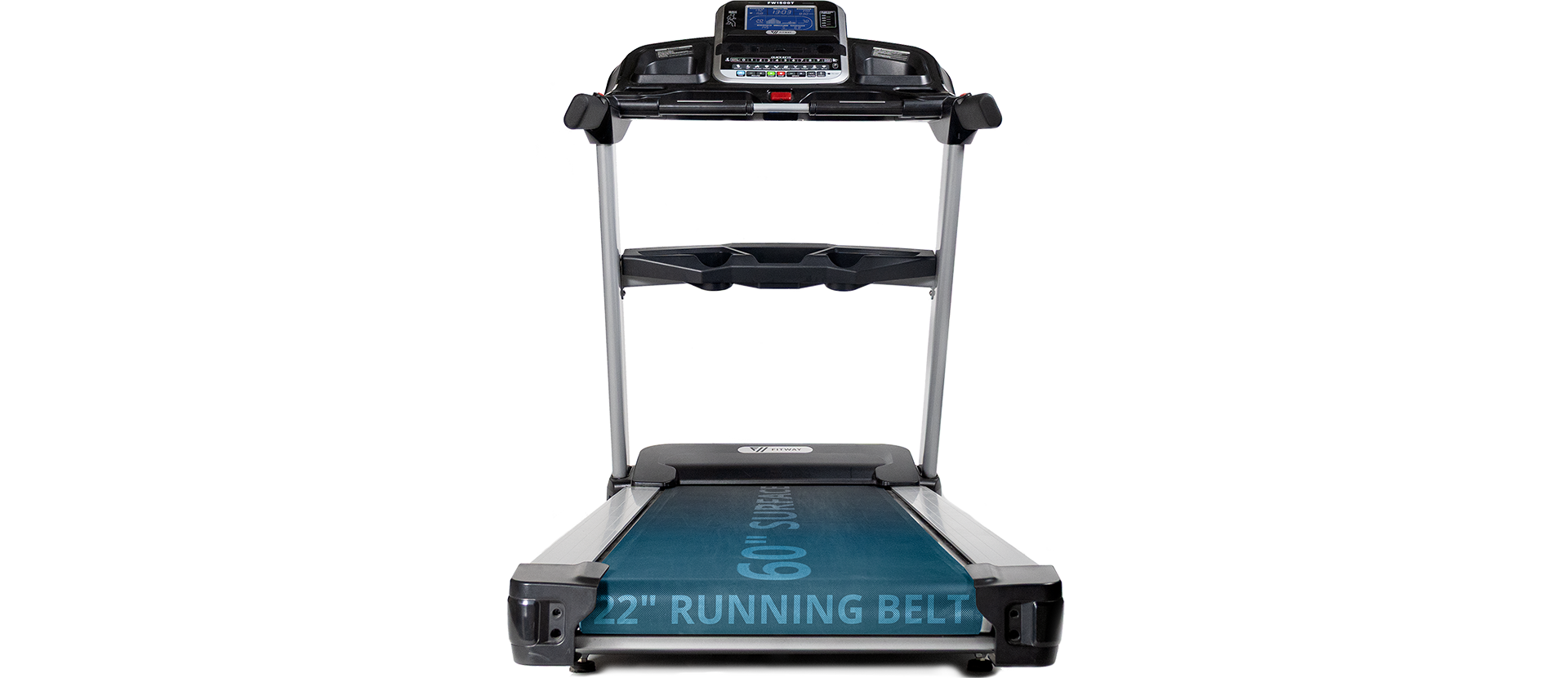 Treadmill with a blue running belt on a white background