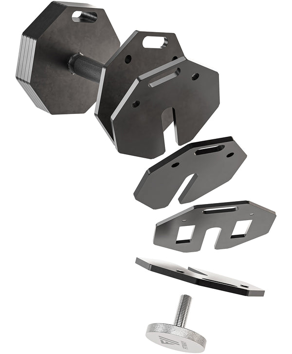 Set of black metal components on a white background