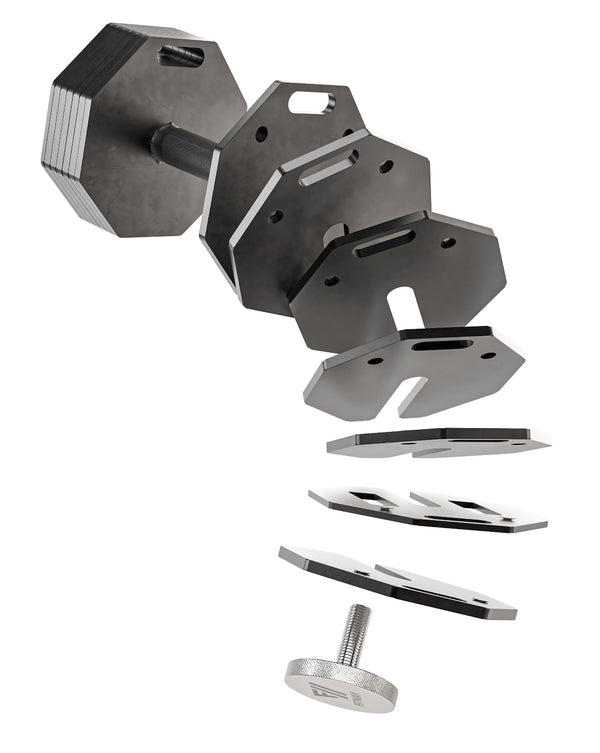 Set of metal hexagonal weights on a white background