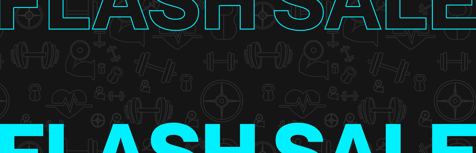 Flash sale text with fitness equipment icons on a black background