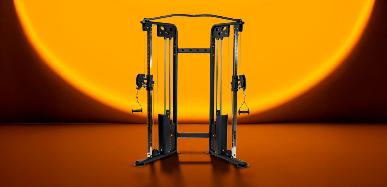 Gym equipment on a reflective surface with a warm gradient background