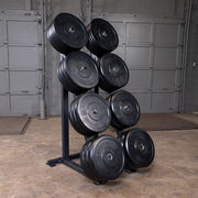 Bodysolid High Capacity Olympic Plate Rack view with weight plates | Fitness Experience