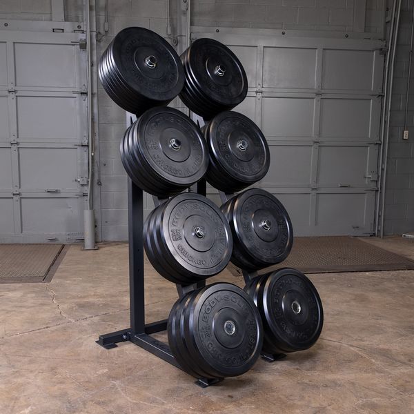 Bodysolid High Capacity Olympic Plate Rack view with weight plates | Fitness Experience