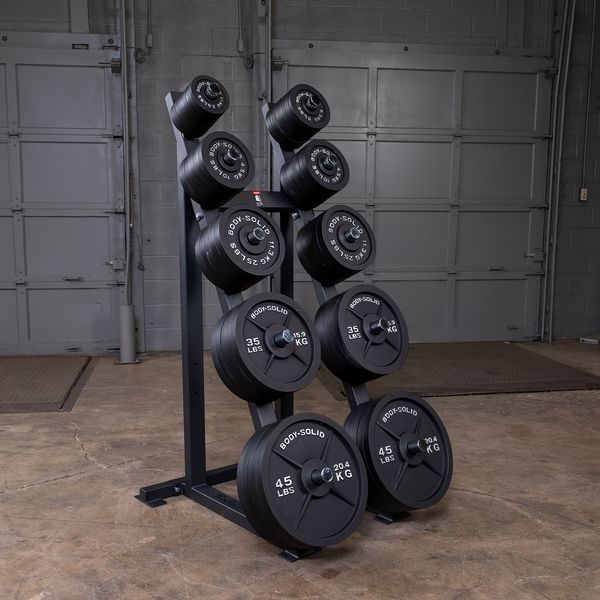 Bodysolid High Capacity Olympic Plate Rack view with weight plates | Fitness Experience
