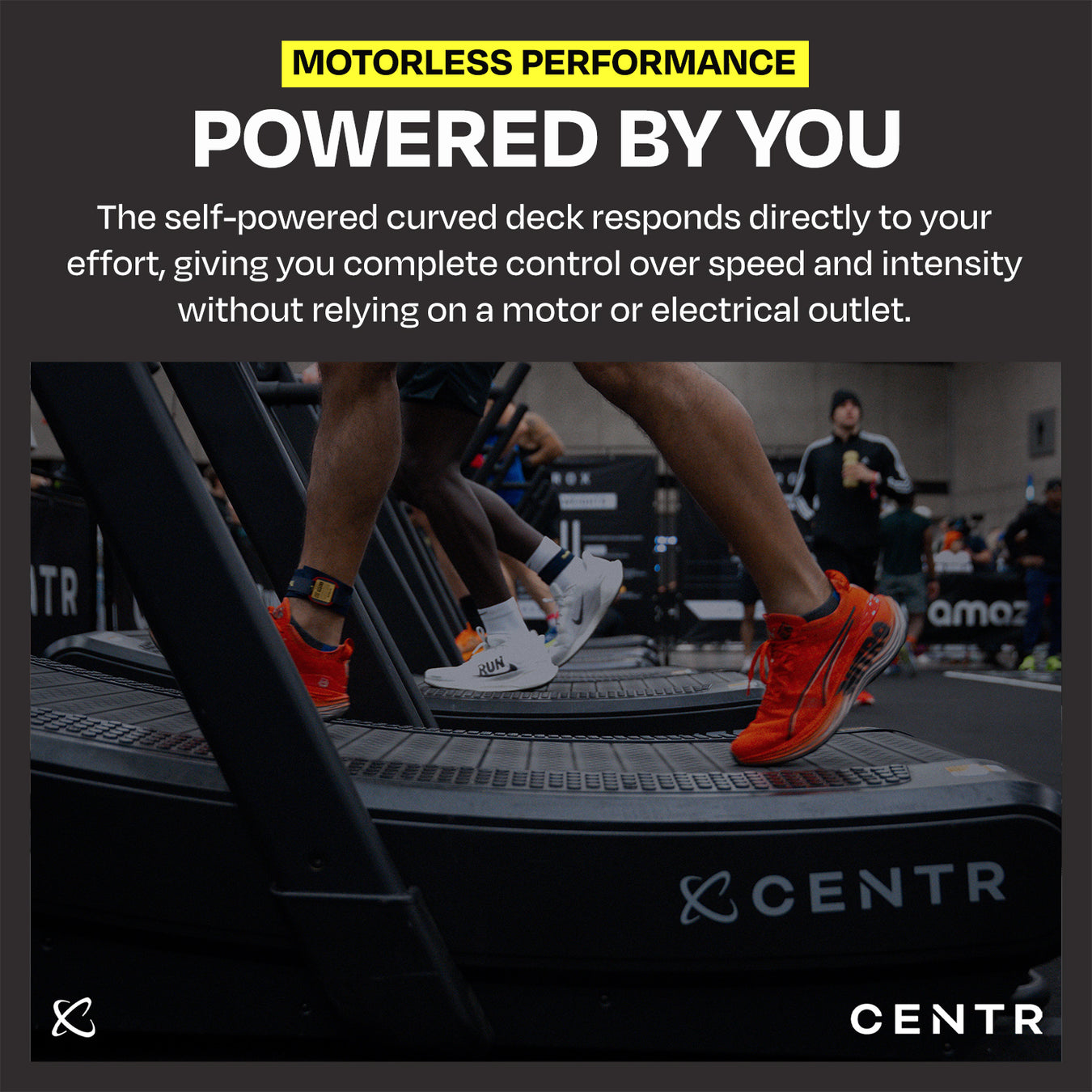 Athletes using the Centr x HYROX Perform Tread curved treadmill for self-powered running and HYROX performance training.