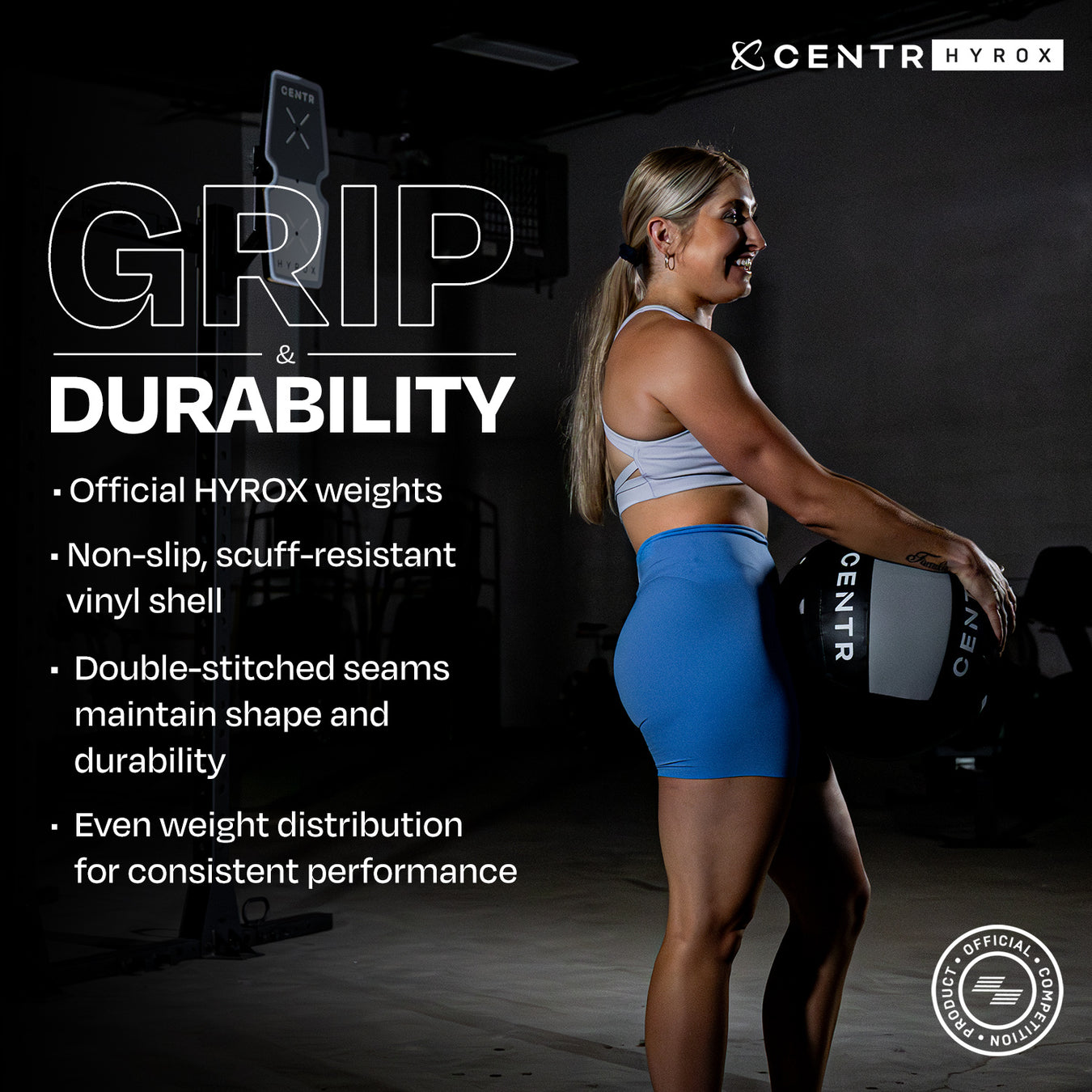 Centr x HYROX Competition Wall Ball with athlete, featuring secure grip, durable stitching, and balanced weight distribution.