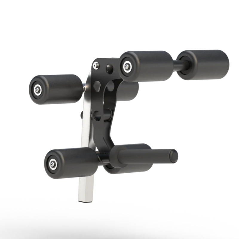 Black adjustable gym bench with four handles on a white background