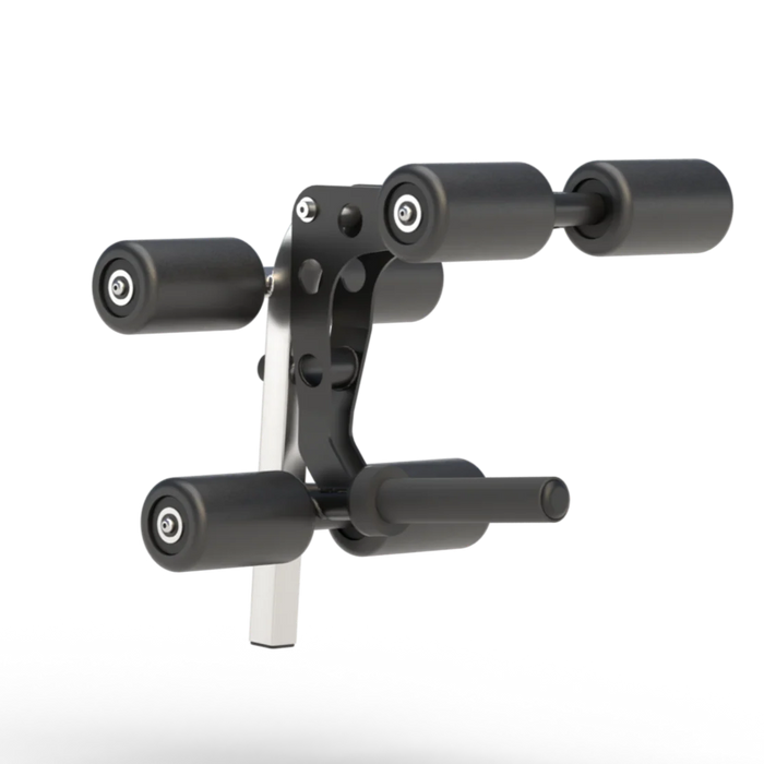 Black adjustable gym bench with four handles on a white background