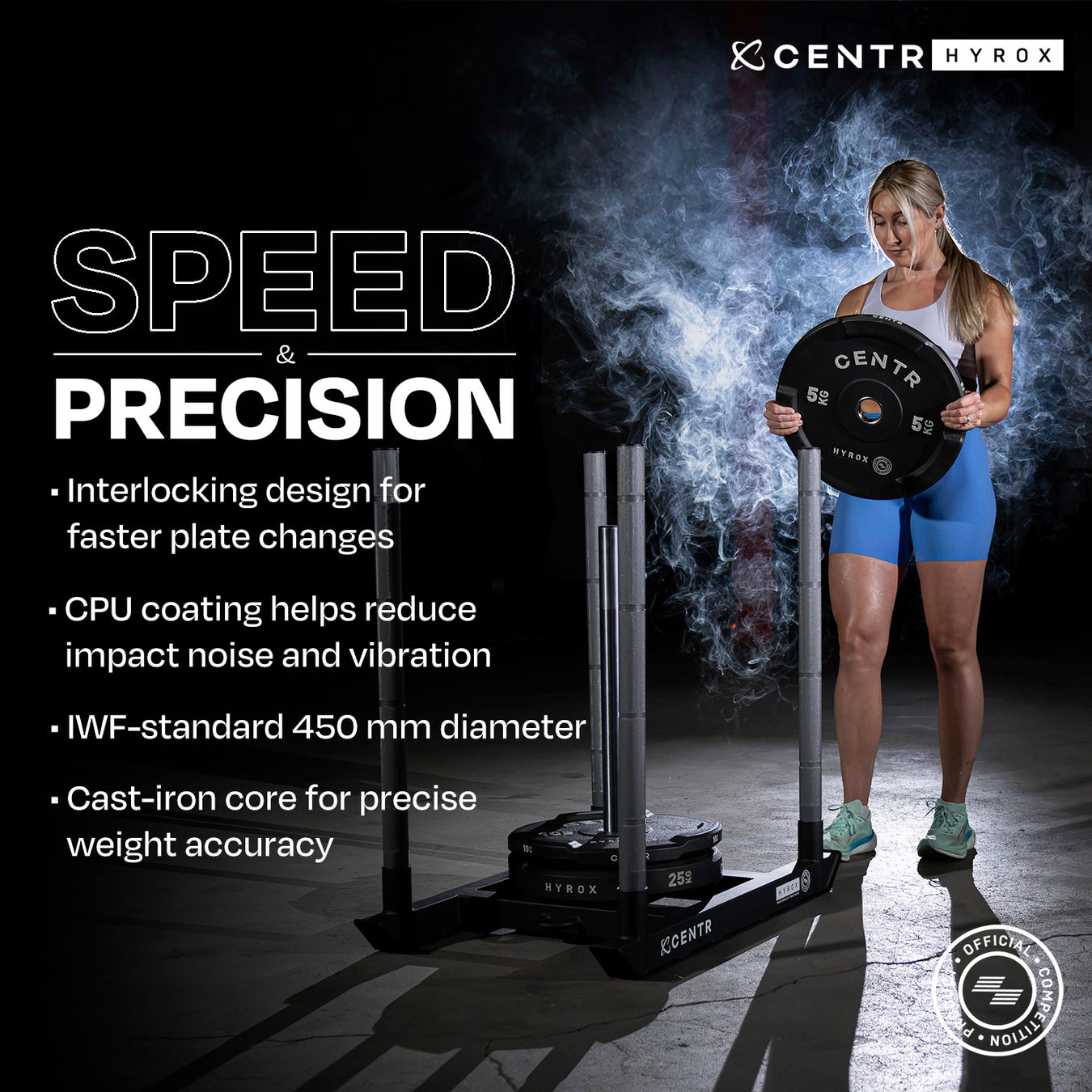 Athlete loading a Centr x HYROX Competition Edge Bumper Plate onto a HYROX sled, featuring an interlocking design, precise weight accuracy, and competition-ready construction.