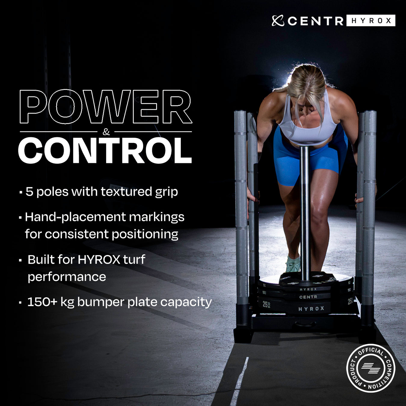 Centr x HYROX Competition Power Sled designed for sled push training with textured grip poles and high weight capacity.