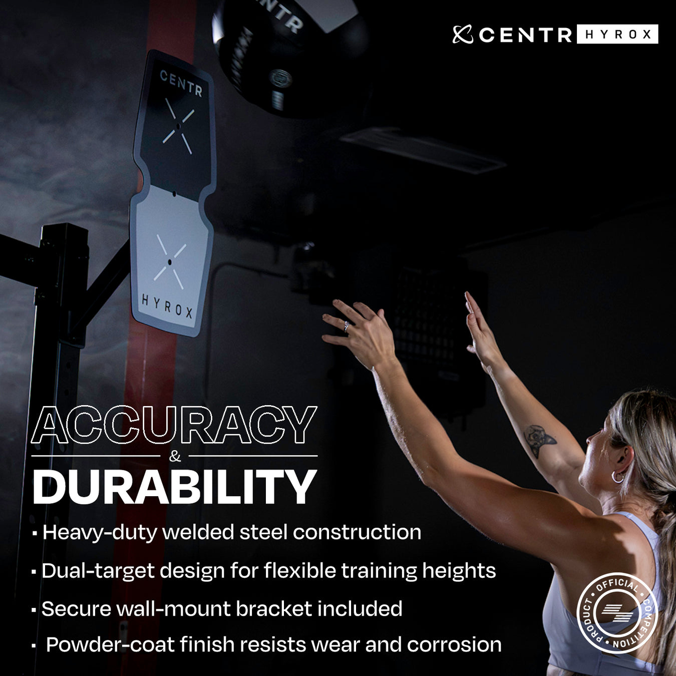 Centr x HYROX Competition Rig Target for wall ball training with dual target heights and heavy-duty steel construction.