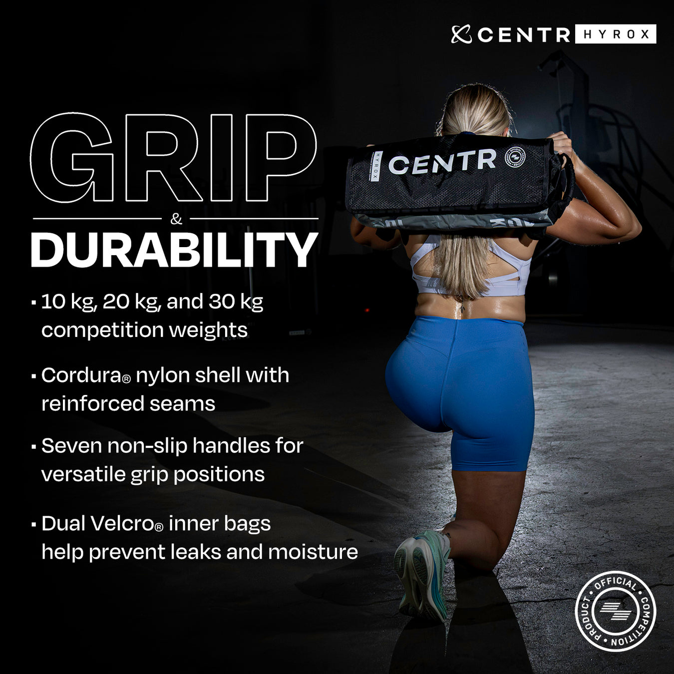Athlete training with a Centr x HYROX Competition Sandbag, featuring multiple grip handles, durable Cordura construction, and competition weight options.