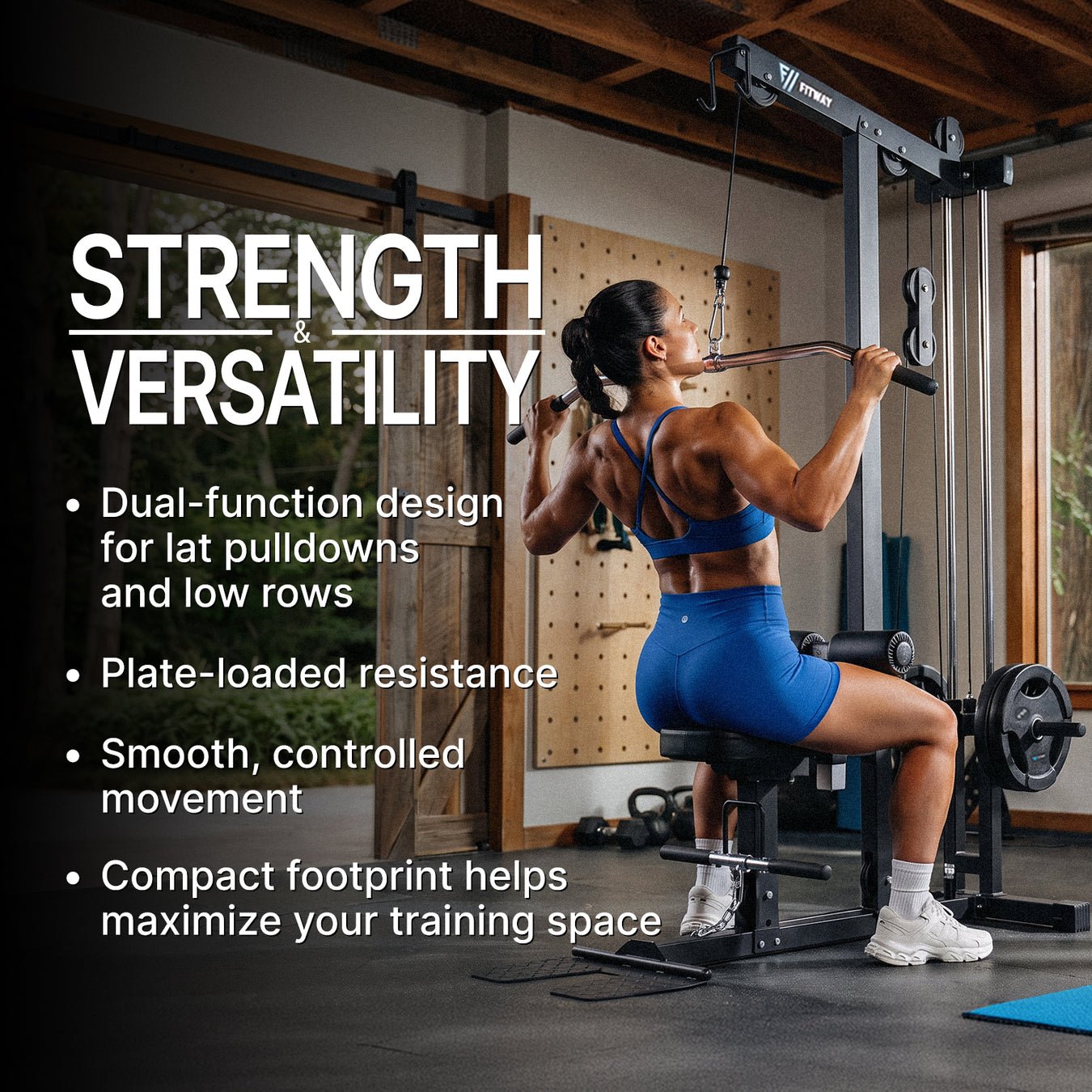 FitWay Lat Pulldown / Low Row for upper-body strength training with plate-loaded resistance and a compact dual-function design.