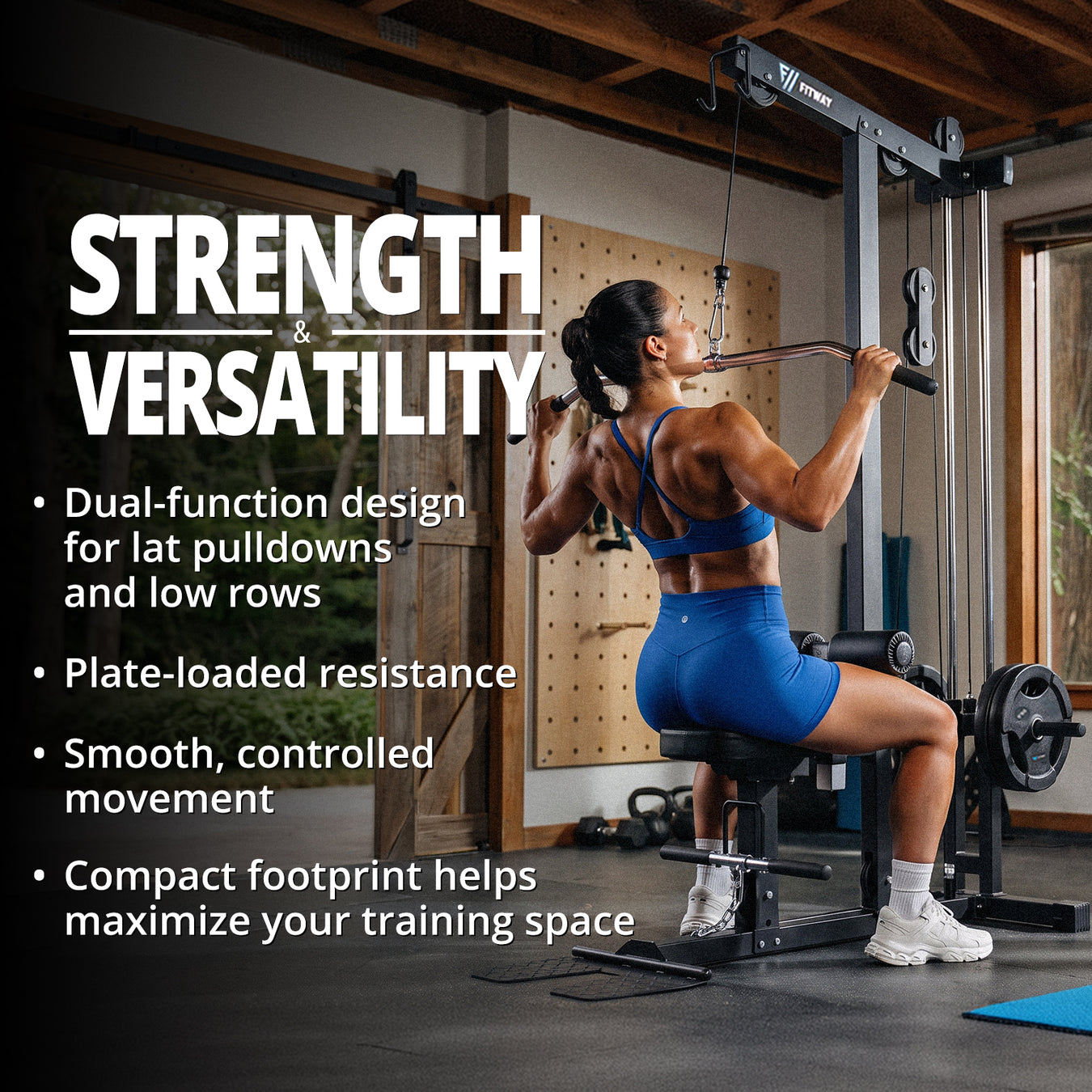 FitWay lat pulldown and low row machine with plate-loaded resistance for home strength training