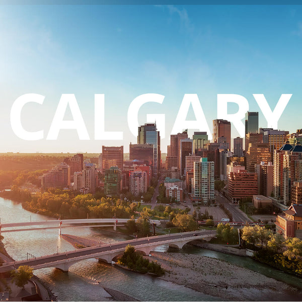 Cityscape of Calgary with prominent buildings and a river, featuring the word 'Calgary' in large text.