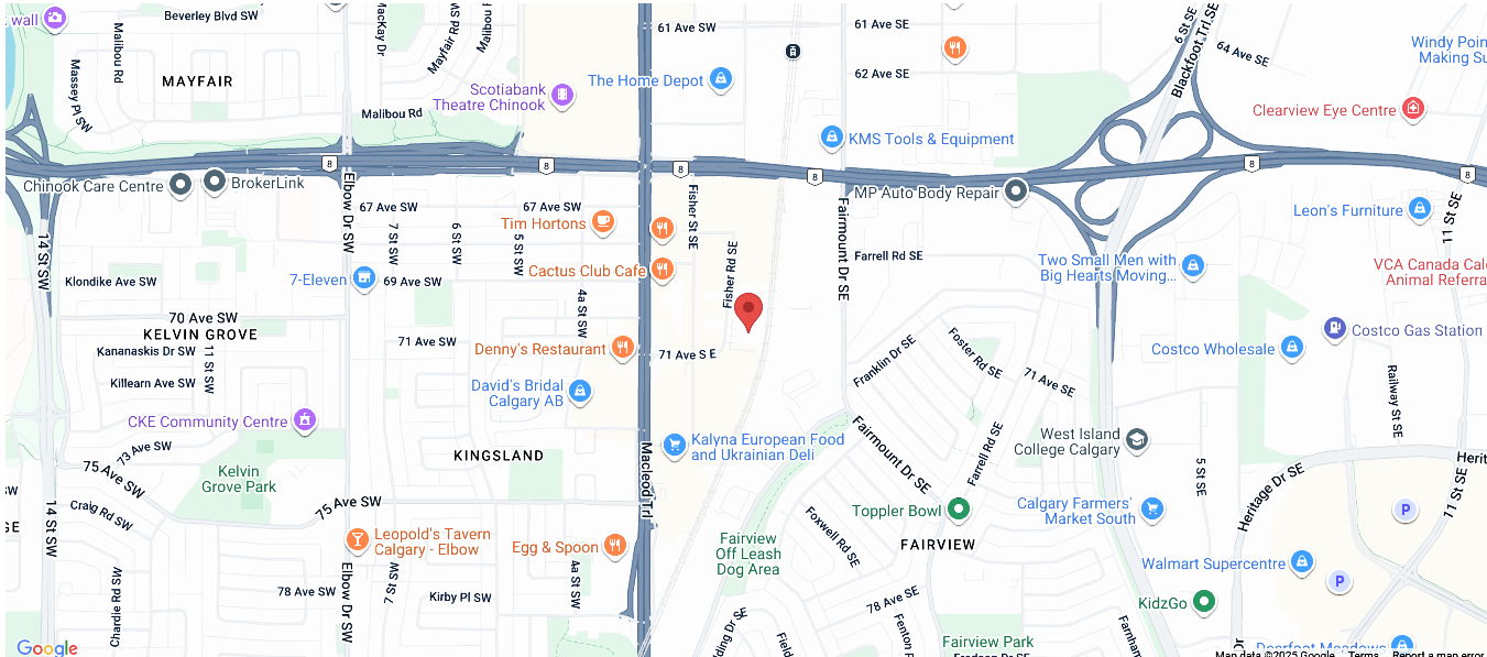 Map of a city with roads, intersections, and labeled locations.