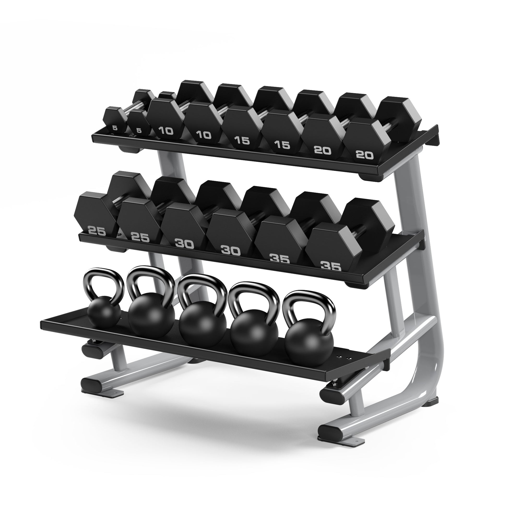 Matrix Fitness Magnum Studio Flat-Tray Dumbbell Rack view with weights | Fitness Experience