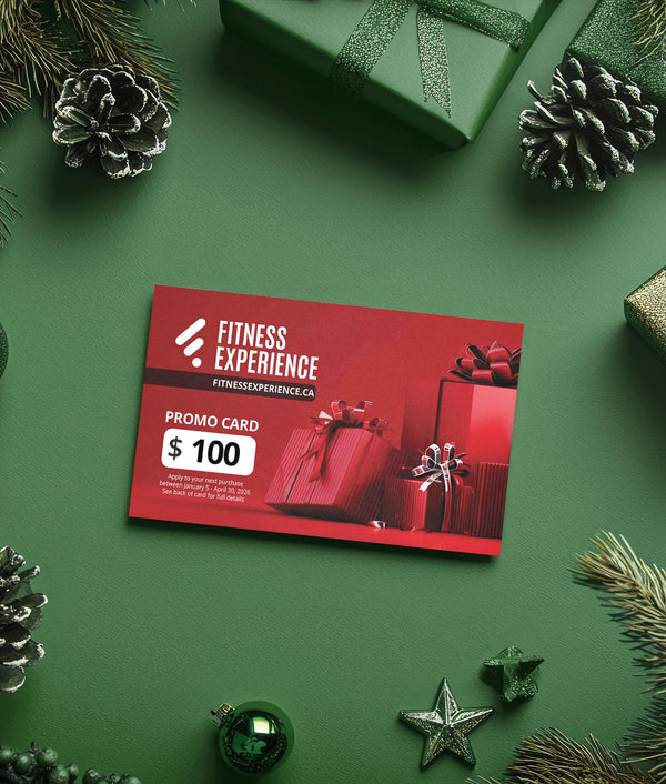 Red Fitness Experience promo card on a green background with Christmas decorations