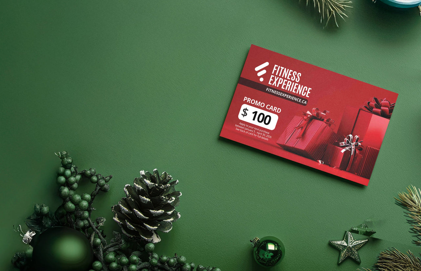 Red Fitness Experience promo card on a green background with Christmas decorations