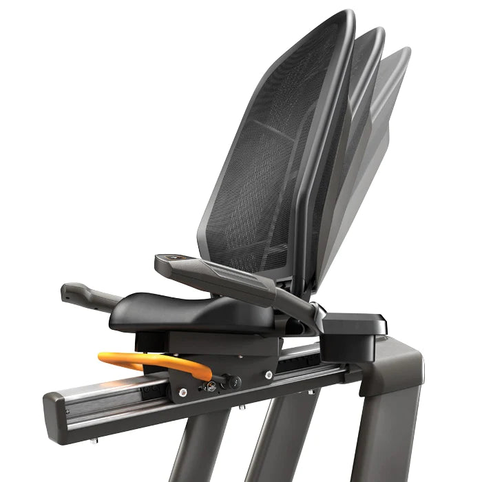 Matrix Fitness R50 Recumbent Bike seat adjustment view | Fitness Experience