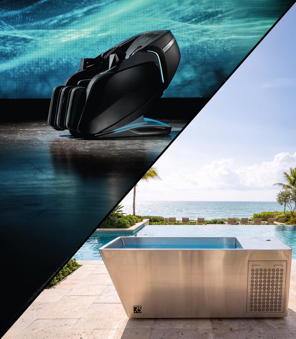 A split promotional image showing a black modern massage chair on a dark reflective surface against a blue water-themed background on the left, and a stainless steel outdoor plunge pool on a patio against a pool-and-sky background on the right.