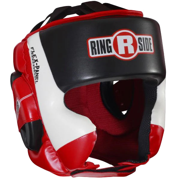 Red, black, and white boxing headgear with 'Ring Side' logo on a white background